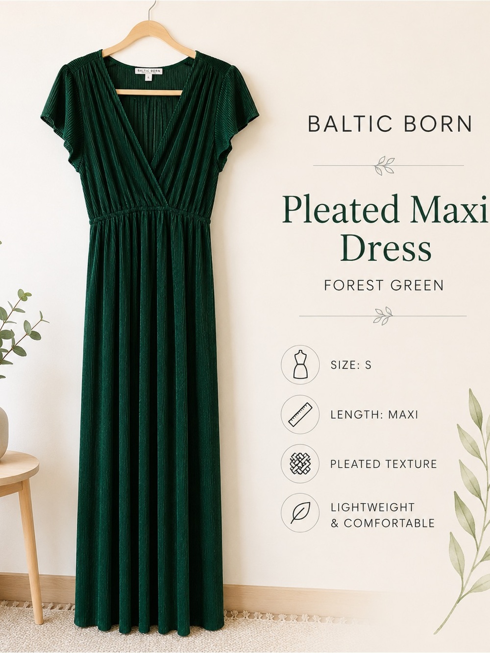 Baltic Born Green Pleated Maxi Dress Small Flutter Sleeve Boho Wedding